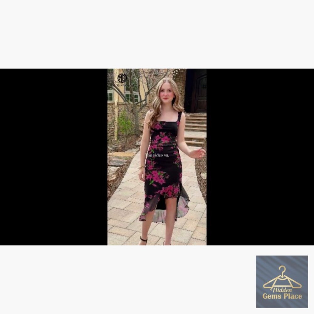 Floral Bodycon Midi Dress Sleeveless Square Neck Ruffle Cocktail - Picture 7 of 7